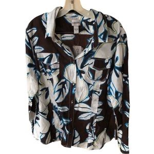 Chico’s XL 14-16 brown tropical print button down shirt pockets Chico’s size 3